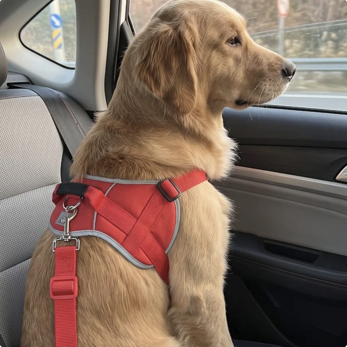 Golden retriever sentado en el asiento trasero con arnés rojo y el cinturón PawSecure enganchado